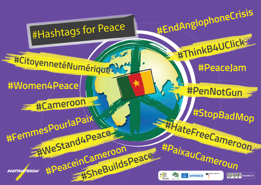 Collection of peace hashtags with the Cameroon flag at the center