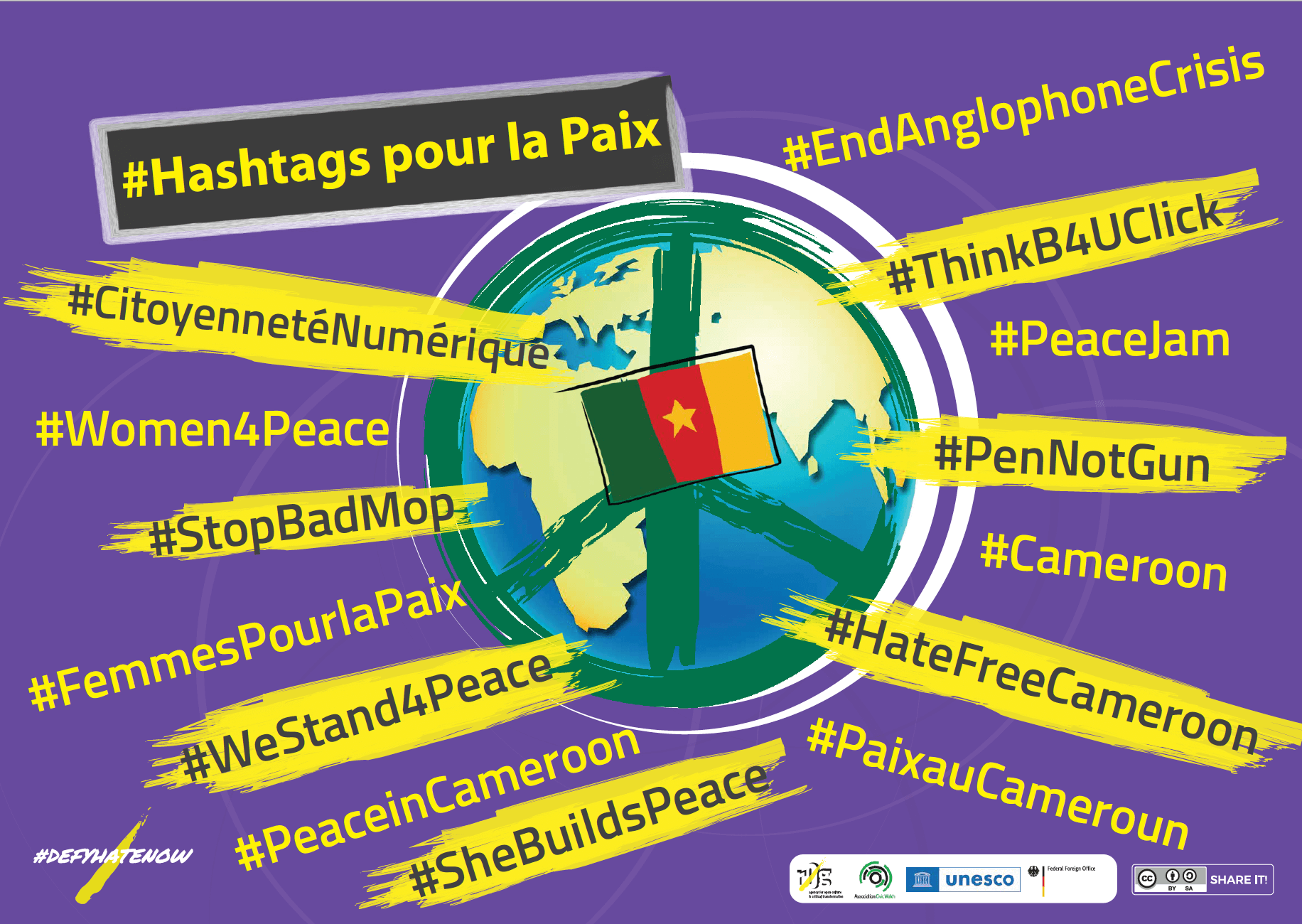 Collection of peace hashtags with the Cameroon flag at the center