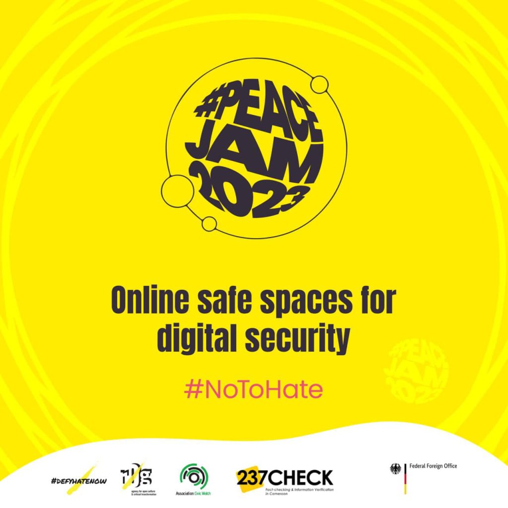 #peacejam2023 campaign banner with text "Online safe spaces for digital security"